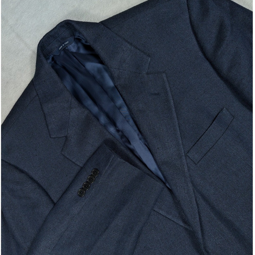 Brooks Brothers Mens 43R Silk Linen Wool Blazer Navy Blue Herringbone Made Italy